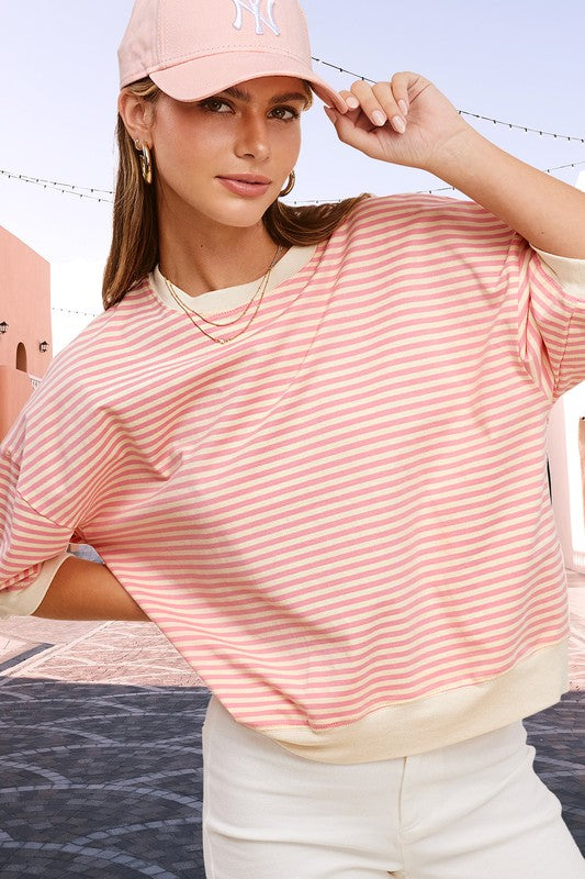 La Miel Oversized Crew Neck Striped Print Short Sleeves Top