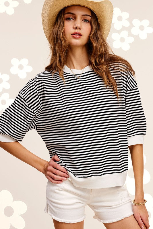 La Miel Oversized Crew Neck Striped Print Short Sleeves Top