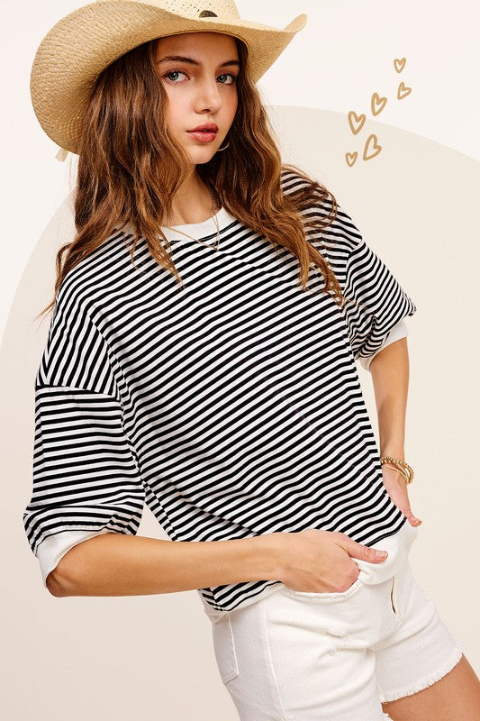 La Miel Oversized Crew Neck Striped Print Short Sleeves Top