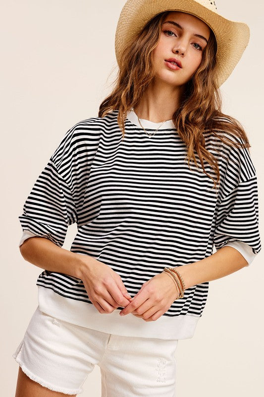 La Miel Oversized Crew Neck Striped Print Short Sleeves Top