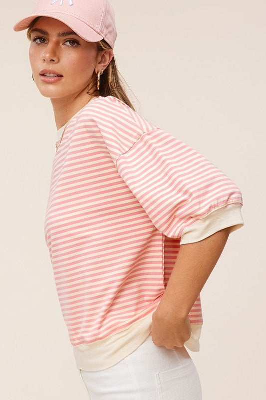 La Miel Oversized Crew Neck Striped Print Short Sleeves Top