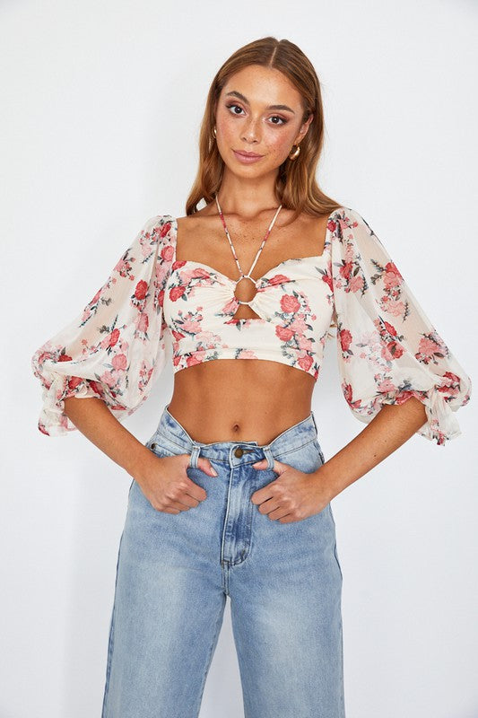 ONE & ONLY Floral Print Chiffon Balloon Sleeves Bustier Crop Top