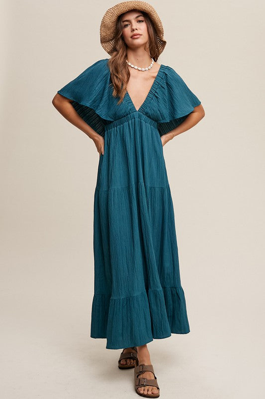 Listicle Boho V-Neck Ruffle Sleeves Tiered Flowy Vacation Maxi Dress