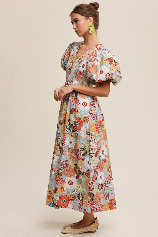 Listicle Flower Print Smocked V-Neck Pockets Puff Sleeves Maxi Dress