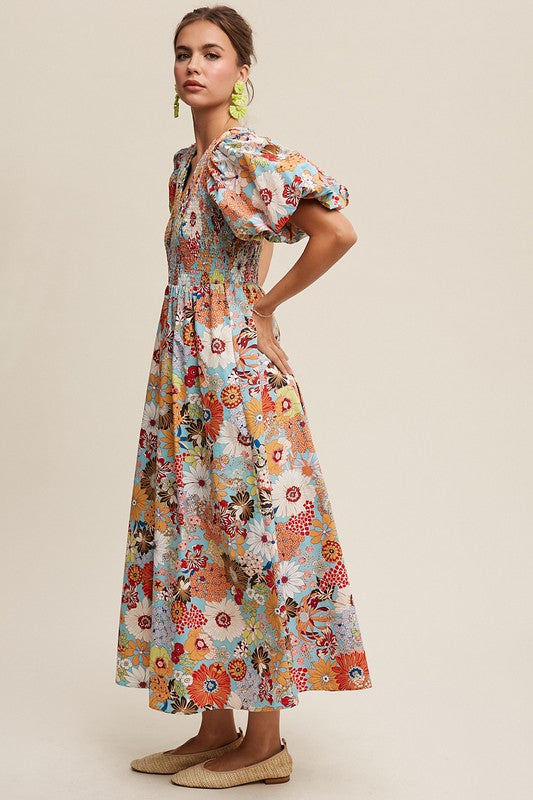 Listicle Flower Print Smocked V-Neck Pockets Puff Sleeves Maxi Dress