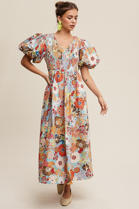 Listicle Flower Print Smocked V-Neck Pockets Puff Sleeves Maxi Dress