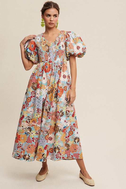 Listicle Flower Print Smocked V-Neck Pockets Puff Sleeves Maxi Dress