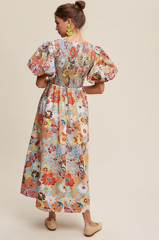 Listicle Flower Print Smocked V-Neck Pockets Puff Sleeves Maxi Dress