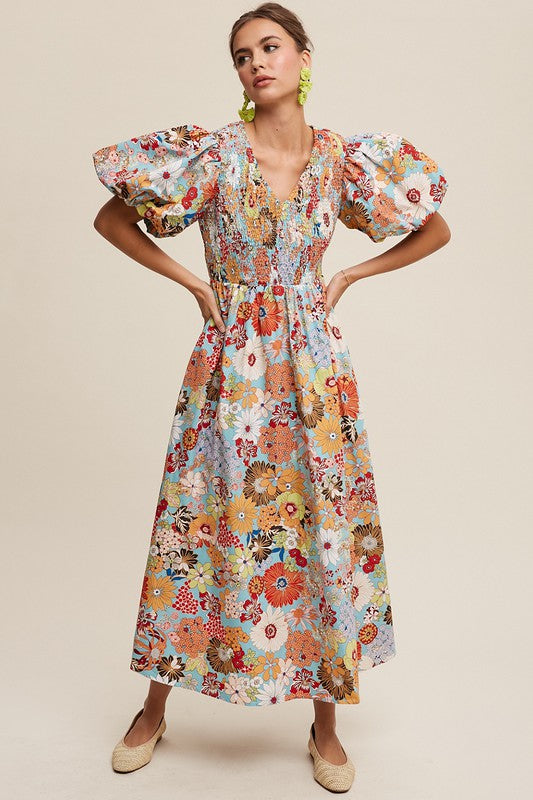 Listicle Flower Print Smocked V-Neck Pockets Puff Sleeves Maxi Dress