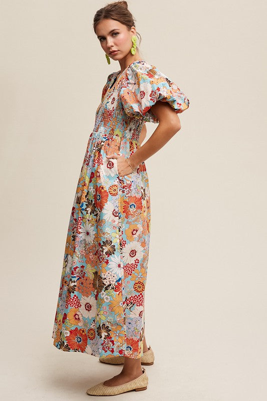 Listicle Flower Print Smocked V-Neck Pockets Puff Sleeves Maxi Dress