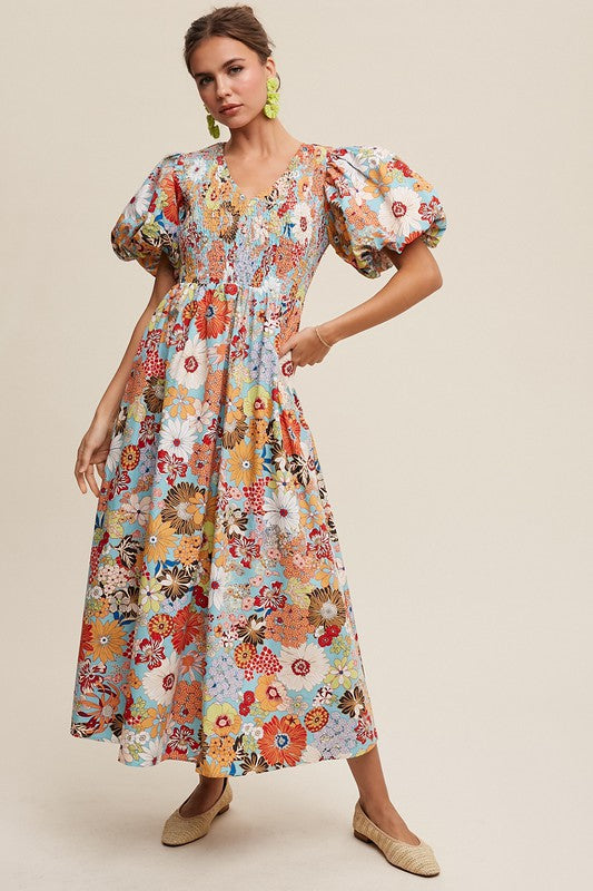 Listicle Flower Print Smocked V-Neck Pockets Puff Sleeves Maxi Dress