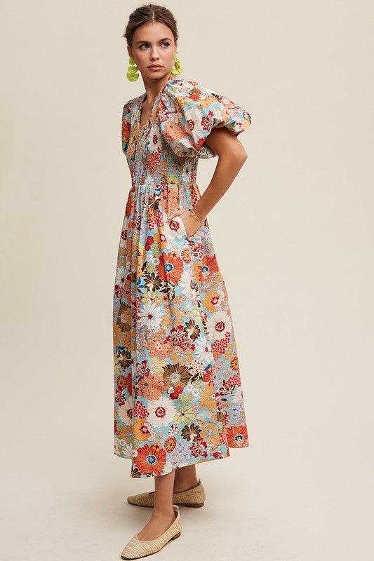 Listicle Flower Print Smocked V-Neck Pockets Puff Sleeves Maxi Dress