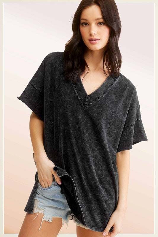 La Miel Mineral Washed Oversized Short Sleeves Side Slit V-Neck Top