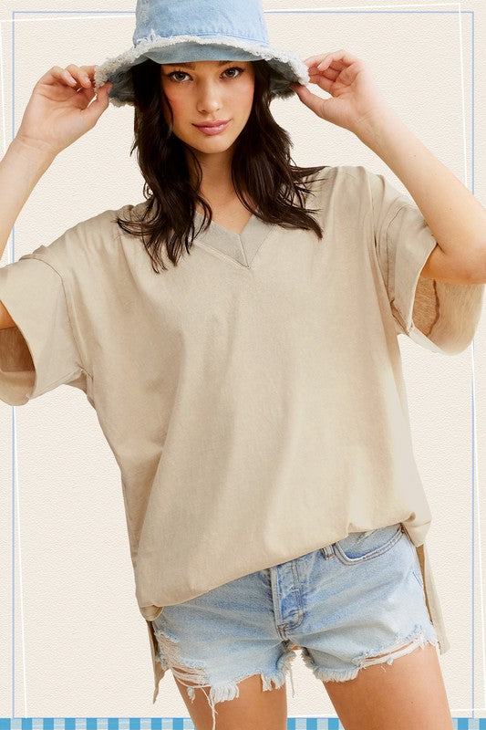 La Miel Mineral Washed Oversized Short Sleeves Side Slit V-Neck Top