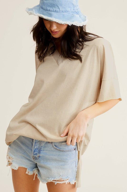 La Miel Mineral Washed Oversized Short Sleeves Side Slit V-Neck Top