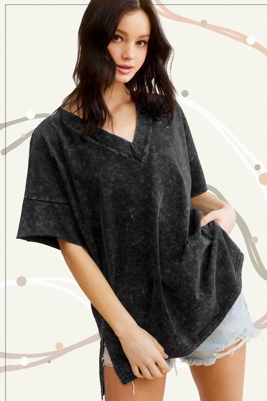 La Miel Mineral Washed Oversized Short Sleeves Side Slit V-Neck Top