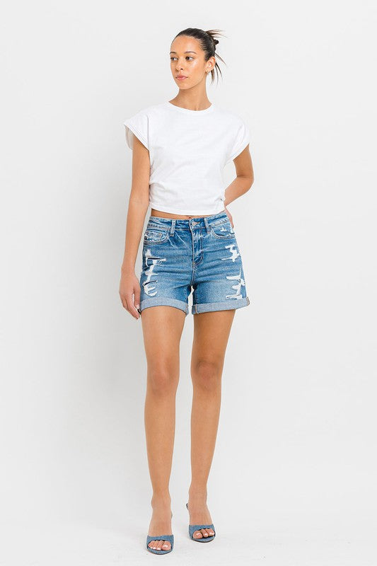 VERVET Exactly Like You High Rise Distressed Double Cuff Hem Denim Shorts