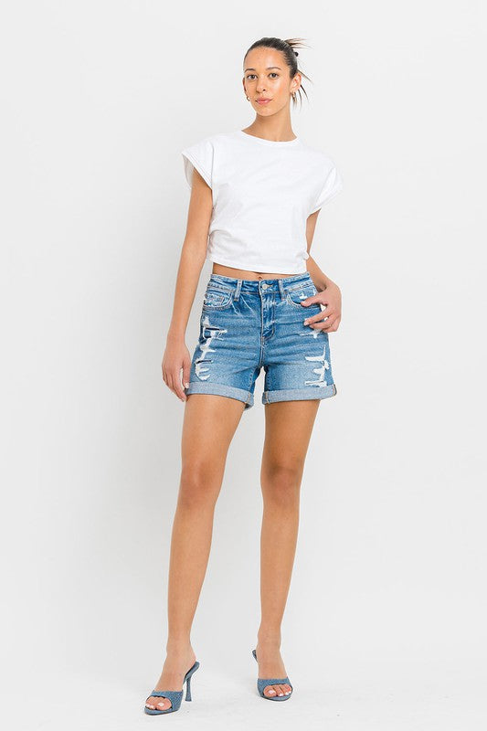 VERVET Exactly Like You High Rise Distressed Double Cuff Hem Denim Shorts