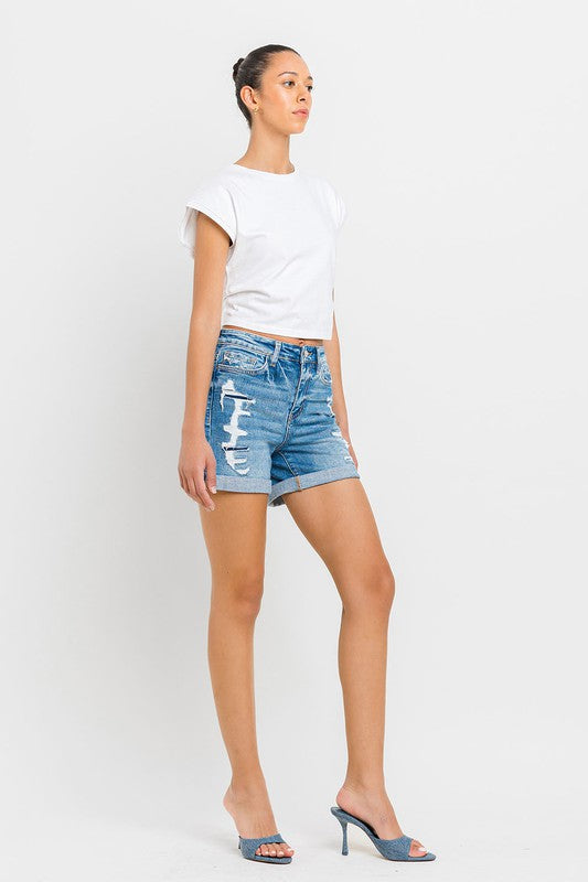 VERVET Exactly Like You High Rise Distressed Double Cuff Hem Denim Shorts