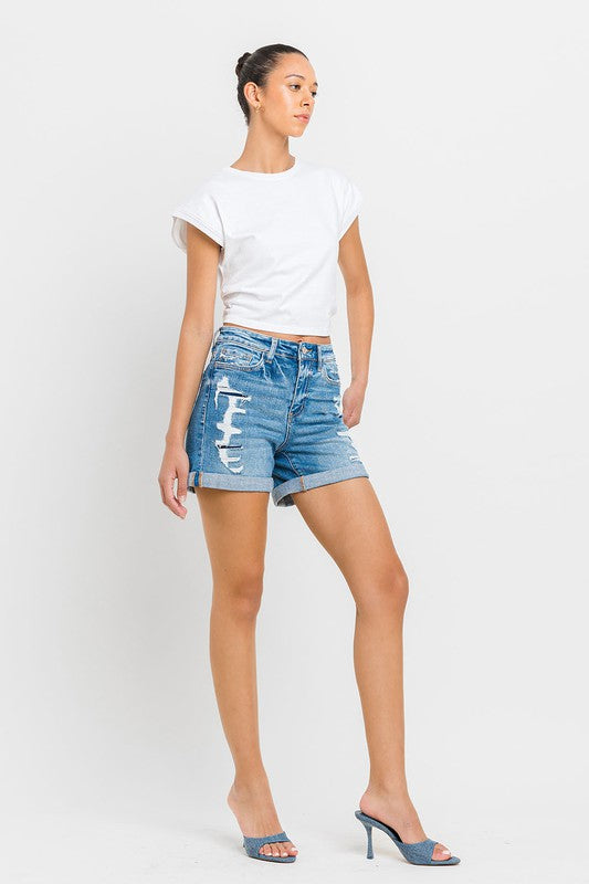 VERVET Exactly Like You High Rise Distressed Double Cuff Hem Denim Shorts