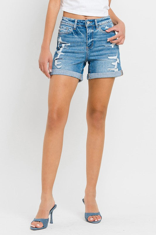 VERVET Exactly Like You High Rise Distressed Double Cuff Hem Denim Shorts