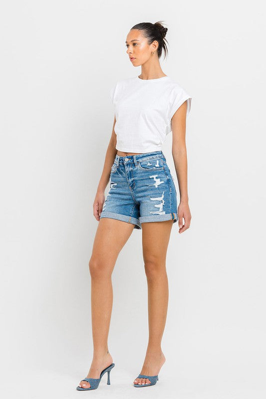 VERVET Exactly Like You High Rise Distressed Double Cuff Hem Denim Shorts