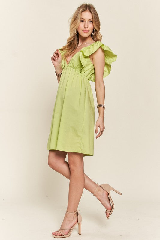 ADORA Smocked Back Ruffled Cap Sleeve Babydoll Dress | Lime