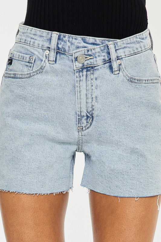 KanCan High Rise Crossover Waistband Zipper Fly Light Wash Denim Shorts