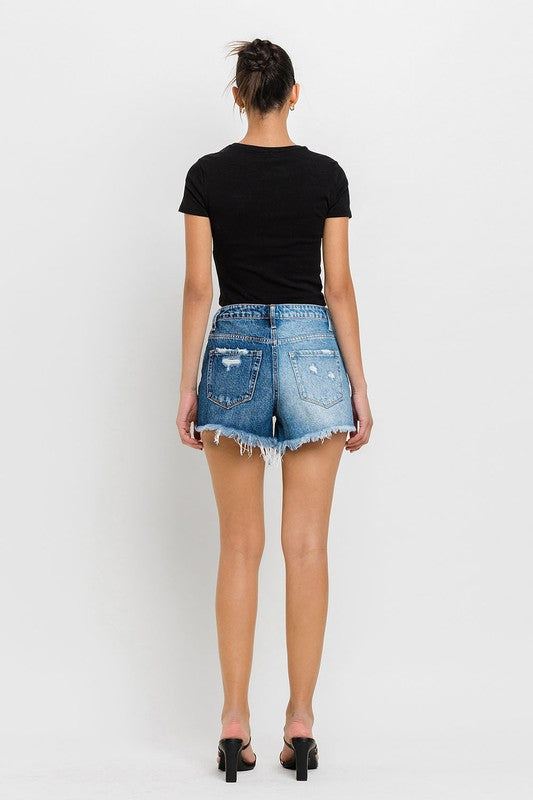 VERVET Wood Street Super High Rise Two Tone Frayed Hem Distressed Denim Shorts