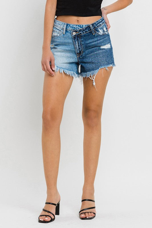 VERVET Wood Street Super High Rise Two Tone Frayed Hem Distressed Denim Shorts