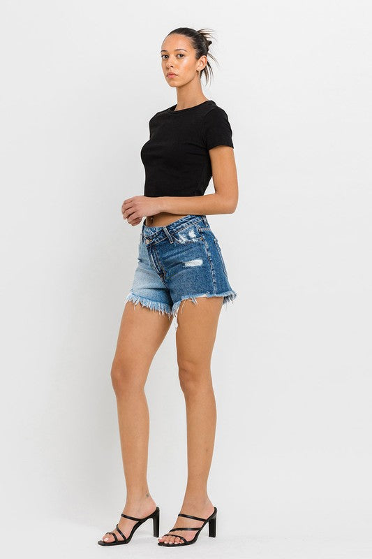 VERVET Wood Street Super High Rise Two Tone Frayed Hem Distressed Denim Shorts