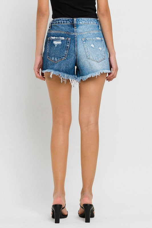 VERVET Wood Street Super High Rise Two Tone Frayed Hem Distressed Denim Shorts