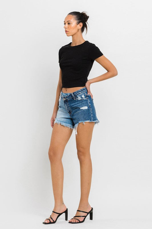 VERVET Wood Street Super High Rise Two Tone Frayed Hem Distressed Denim Shorts