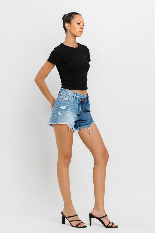 VERVET Wood Street Super High Rise Two Tone Frayed Hem Distressed Denim Shorts