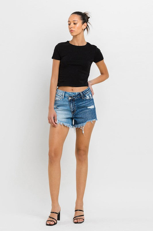 VERVET Wood Street Super High Rise Two Tone Frayed Hem Distressed Denim Shorts