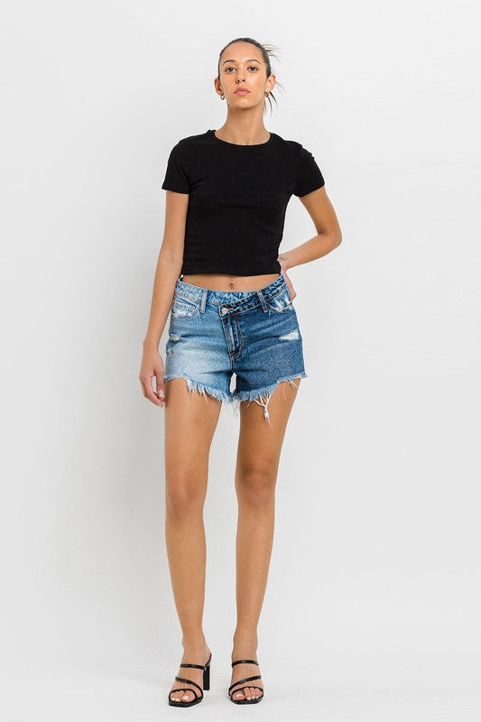 VERVET Wood Street Super High Rise Two Tone Frayed Hem Distressed Denim Shorts