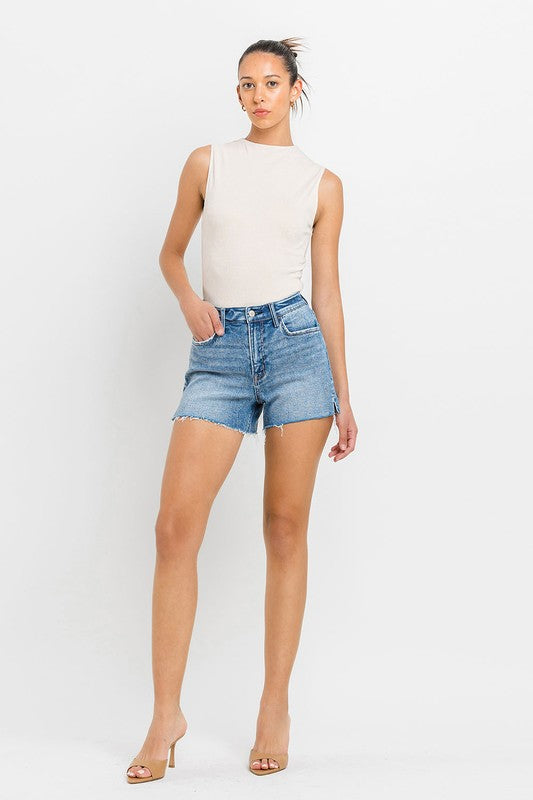 VERVET Shocker High Rise Side Slit Raw Hem A-Line Stretch Denim Shorts