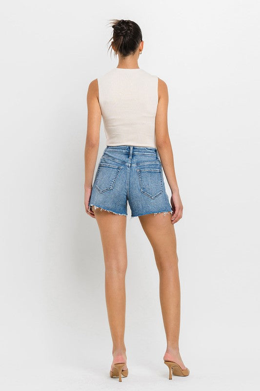 VERVET Shocker High Rise Side Slit Raw Hem A-Line Stretch Denim Shorts