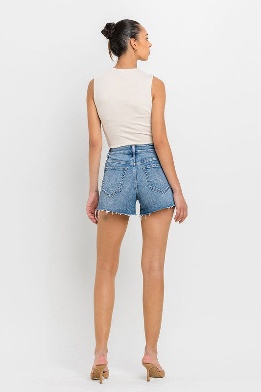 VERVET Shocker High Rise Side Slit Raw Hem A-Line Stretch Denim Shorts