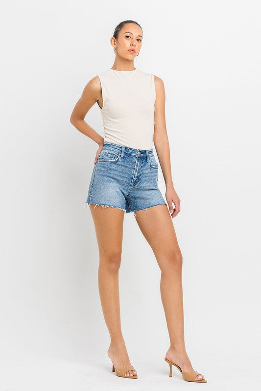 VERVET Shocker High Rise Side Slit Raw Hem A-Line Stretch Denim Shorts