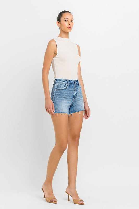 VERVET Shocker High Rise Side Slit Raw Hem A-Line Stretch Denim Shorts