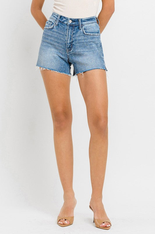 VERVET Shocker High Rise Side Slit Raw Hem A-Line Stretch Denim Shorts