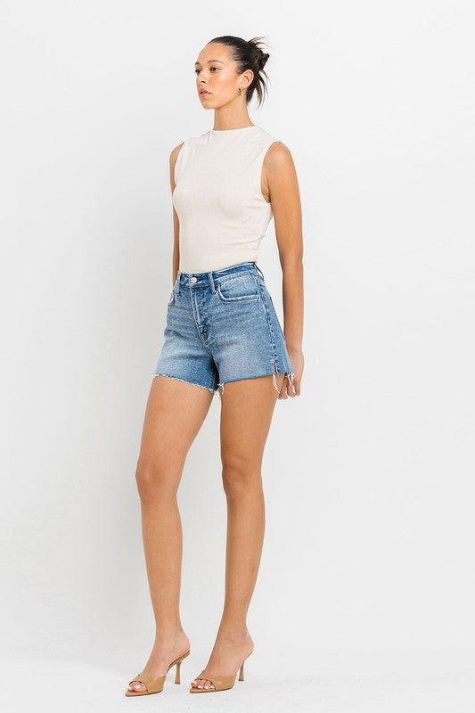 VERVET Shocker High Rise Side Slit Raw Hem A-Line Stretch Denim Shorts