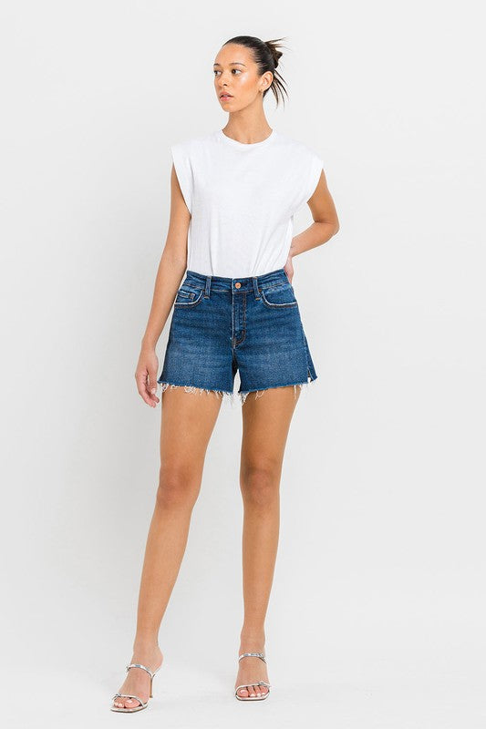 VERVET Swerve High Rise Side Slit Raw Hem Zip Fly Dark Wash A-Line Shorts