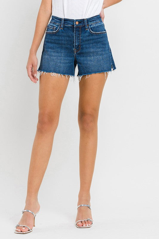 VERVET Swerve High Rise Side Slit Raw Hem Zip Fly Dark Wash A-Line Shorts