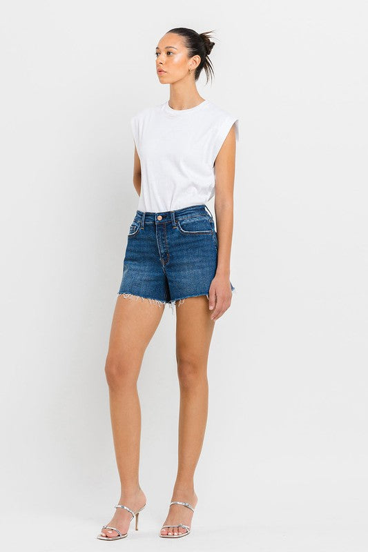 VERVET Swerve High Rise Side Slit Raw Hem Zip Fly Dark Wash A-Line Shorts