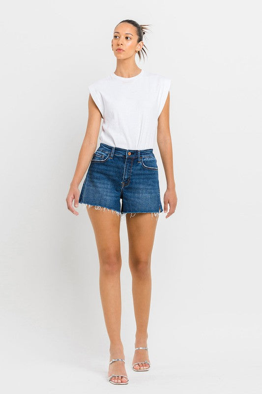 VERVET Swerve High Rise Side Slit Raw Hem Zip Fly Dark Wash A-Line Shorts