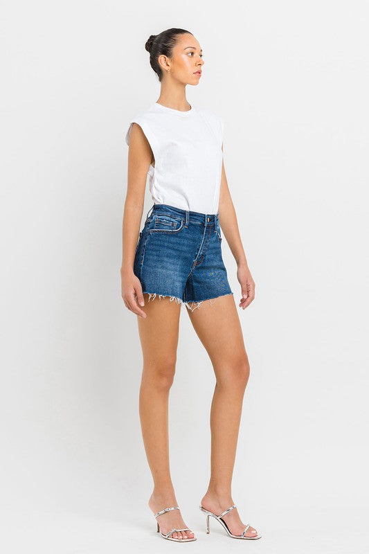 VERVET Swerve High Rise Side Slit Raw Hem Zip Fly Dark Wash A-Line Shorts