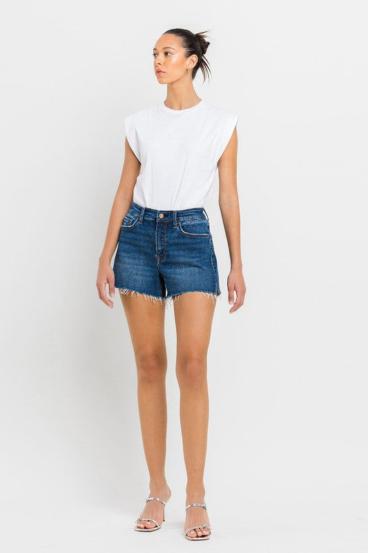 VERVET Swerve High Rise Side Slit Raw Hem Zip Fly Dark Wash A-Line Shorts