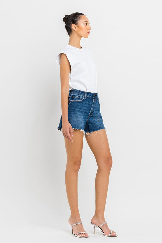 VERVET Swerve High Rise Side Slit Raw Hem Zip Fly Dark Wash A-Line Shorts